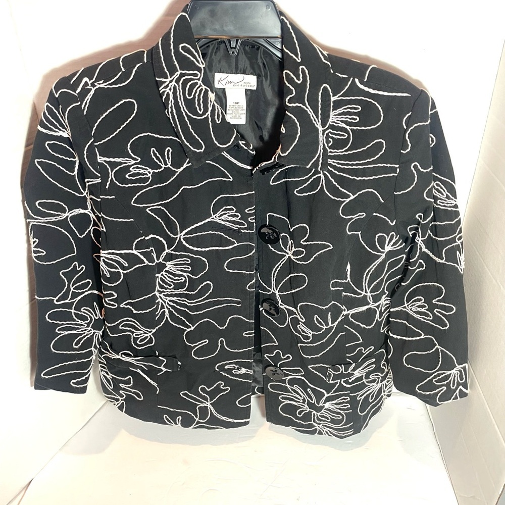 Kim Rogers Petite 10 Black White Floral Embroidered Cropped Jacket Blazer